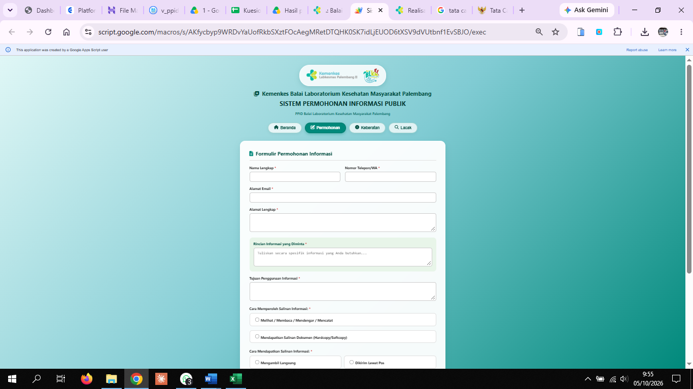Screenshot Sub Menu Permohonan