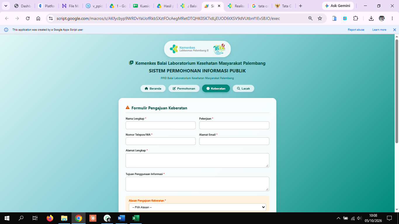 Screenshot Sub Menu Keberatan